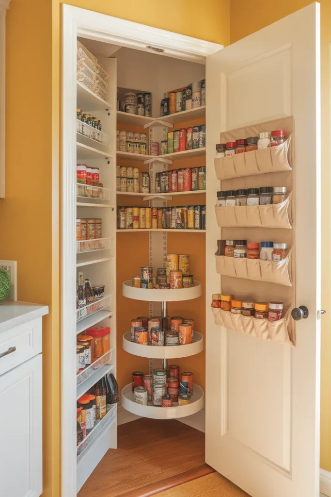 Small corner pantry organization using vertical risers and an over-the-door organizer