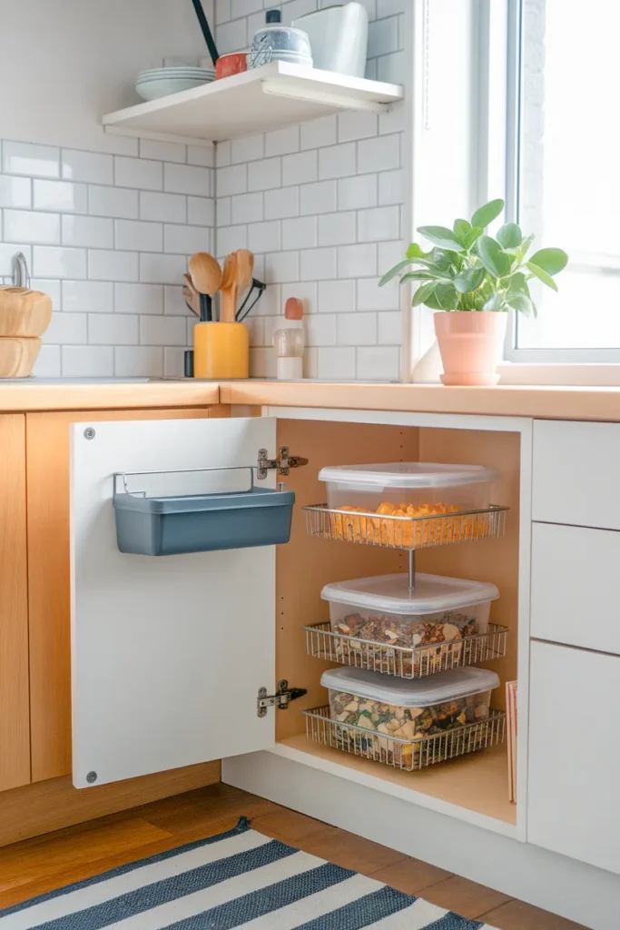 Small kitchen cabinet using vertical wire racks and a door bin for food container organization