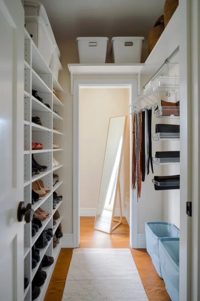 Small walk in closet organization with floor to ceiling shoe shelves and a door organizer