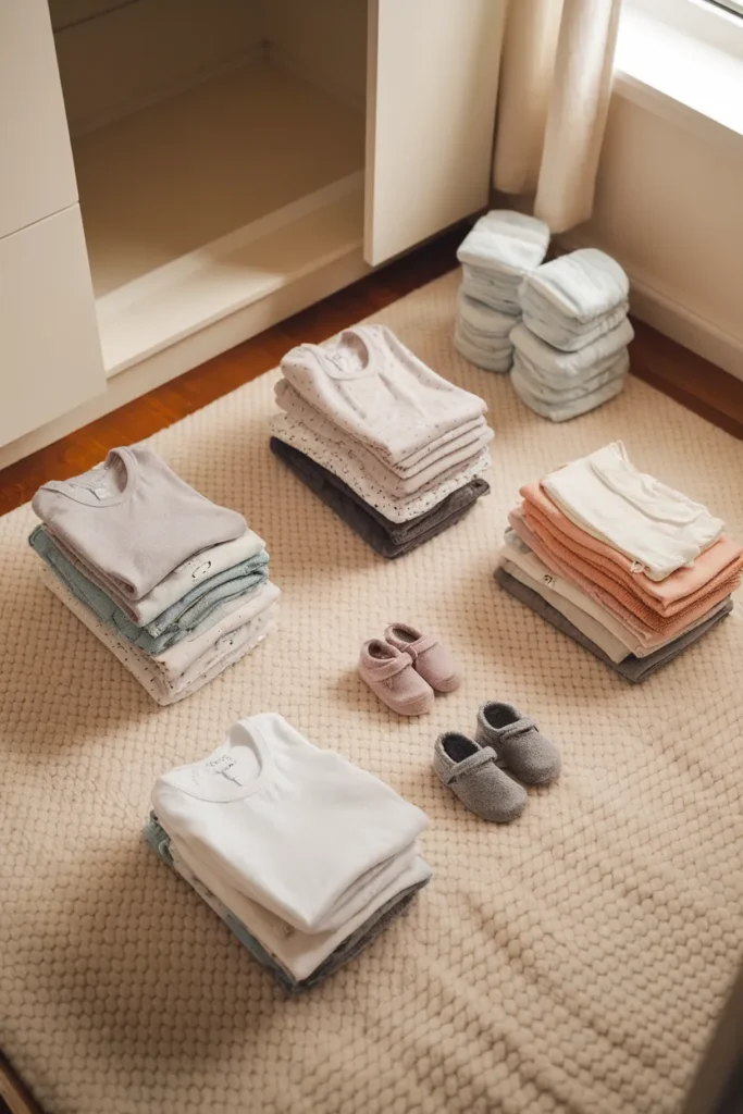 Sorting baby clothes into piles before nursery closet organization begins