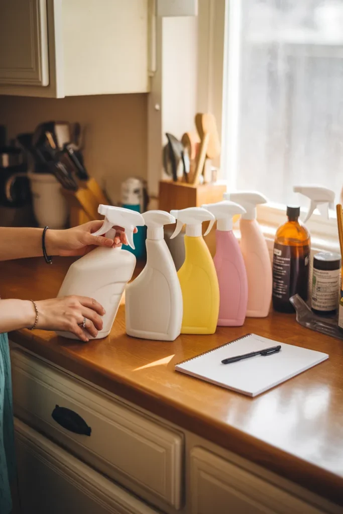 Sorting cleaning supplies into keep, relocate, and toss piles before organizing under the kitchen sink