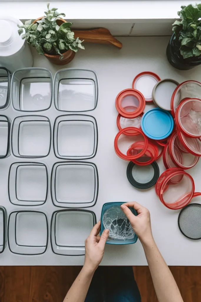 Sorting food storage containers into keep and recycle piles during a kitchen declutter