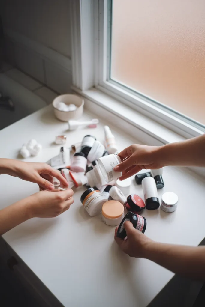 Sorting products into keep and toss piles during a bathroom skincare organization reset