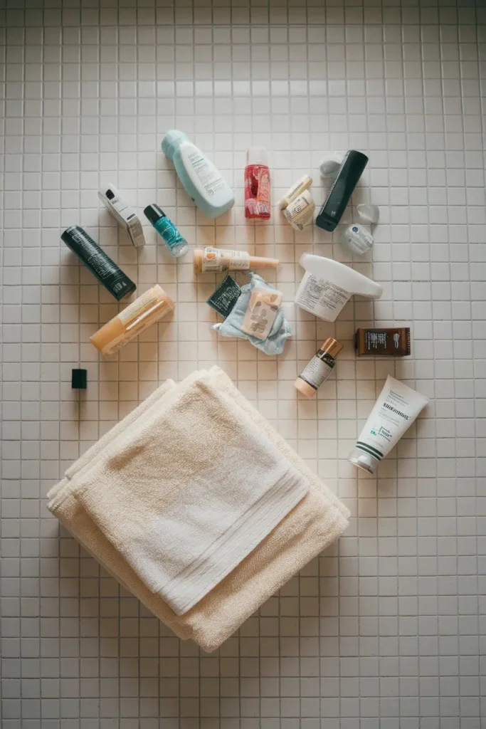 Sorting vanity contents into four frequency piles during bathroom vanity organization