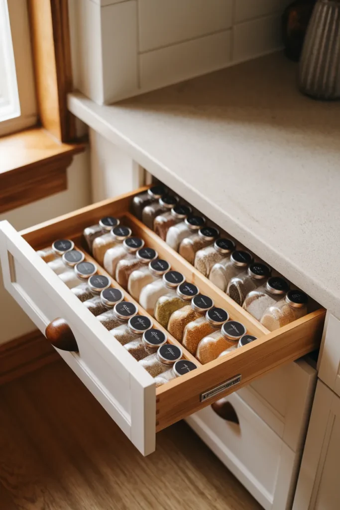 Spice drawer organization with uniform labeled jars on a bamboo tiered insert