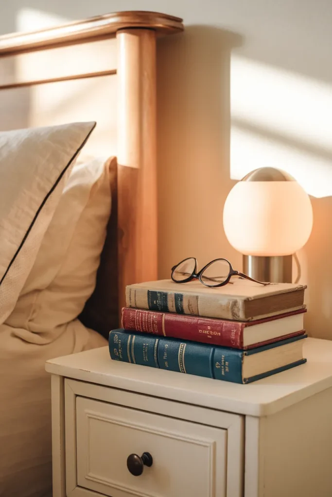 Stacked books used as a budget nightstand alternative in a small bedroom