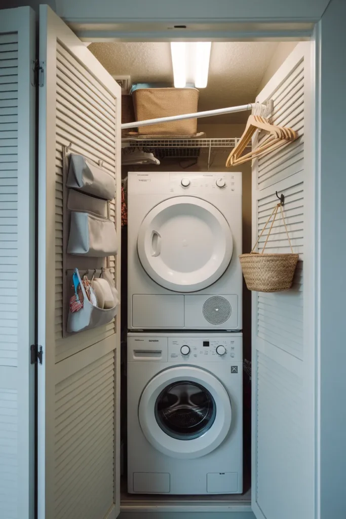 Stacked washer and dryer in a closet with over-the-door laundry storage