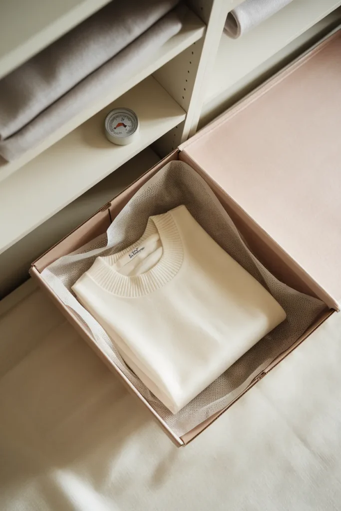 Storing clothing on closet shelves with acid-free tissue and a humidity gauge