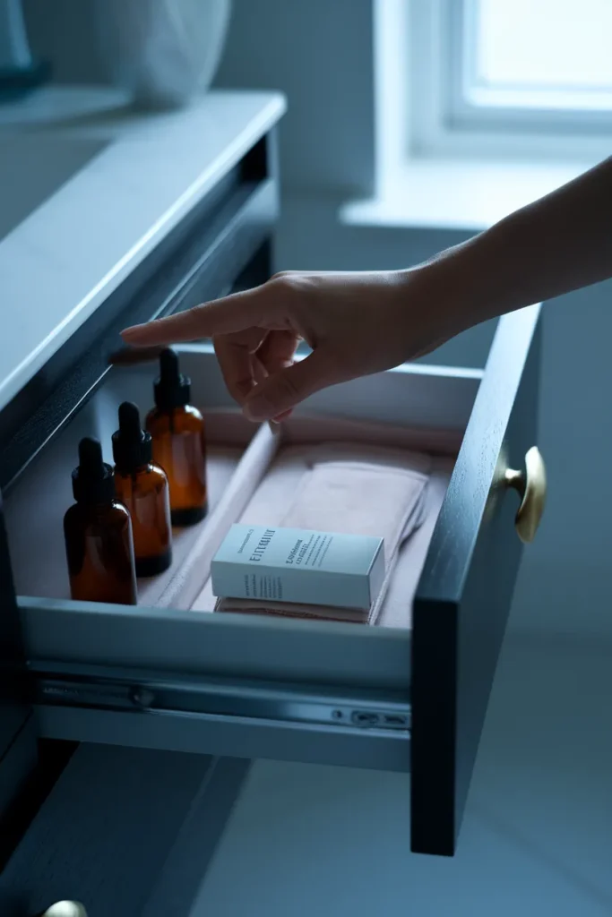 Storing vitamin C and retinol in a dark drawer for bathroom skincare organization
