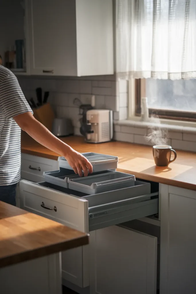 Ten minute deep kitchen drawer reset, lifting out a stackable organizer tray