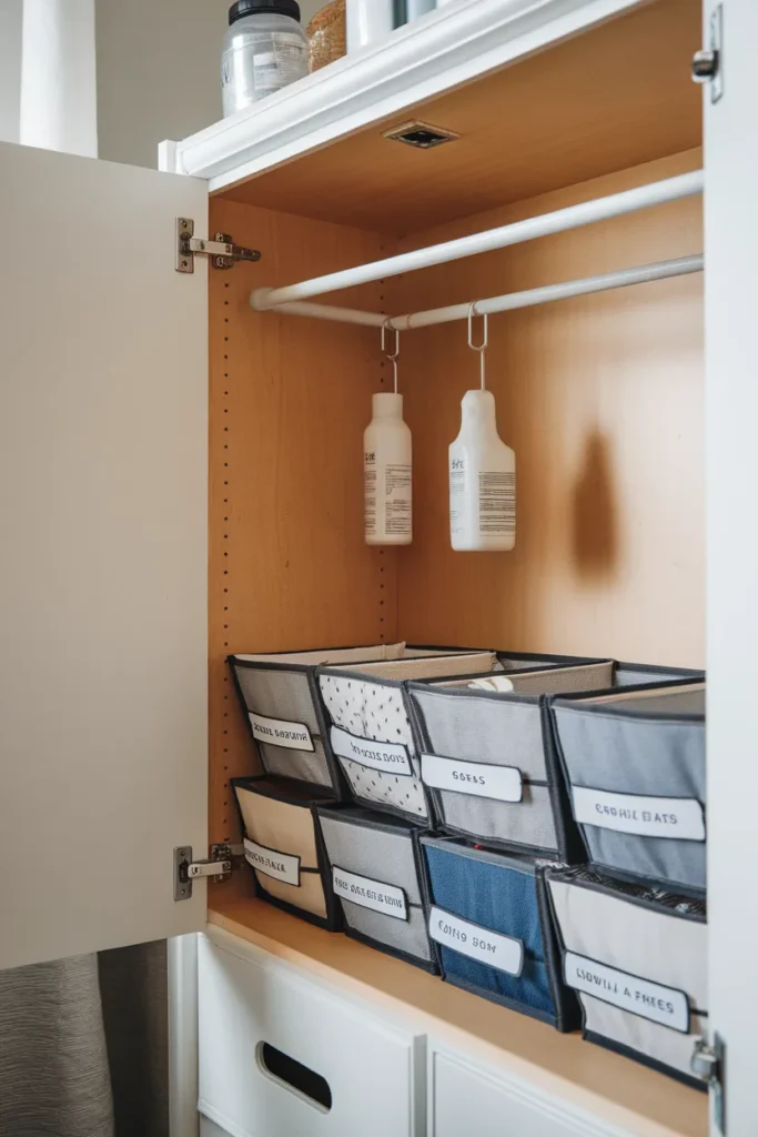 Tension rod and bins for bathroom vanity organization no drawers in a rental