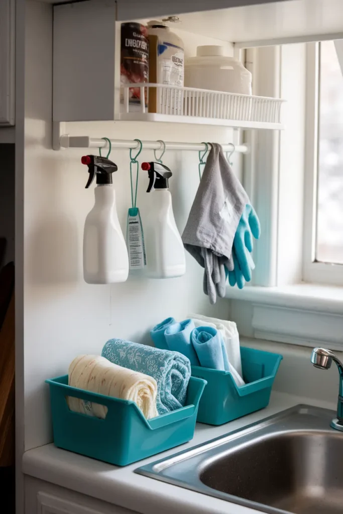 Tension rod hack hanging spray bottles for under kitchen sink organization on a budget