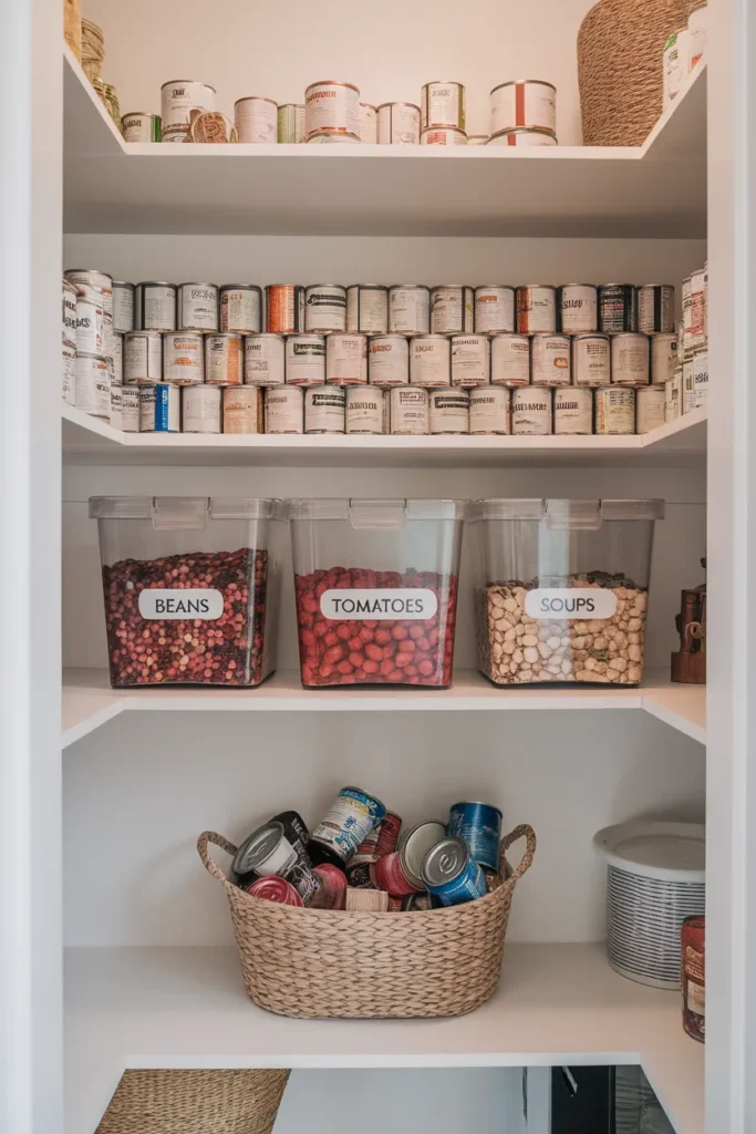 The 3 2 1 Can Zone method in a reach in pantry with three labeled bins and backup rows on a riser