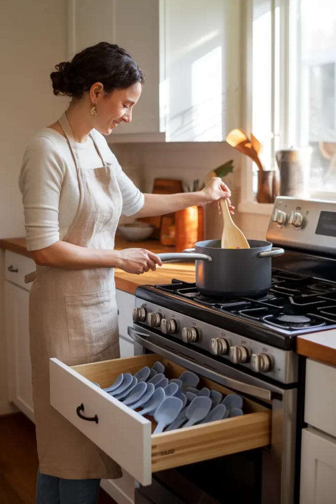 Three Reach Rule kitchen utensil organization, cook reaching into a drawer beside the stove without stepping away