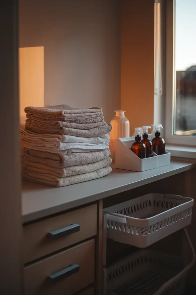 Tidy laundry room counter with folded clothes and a supply caddy