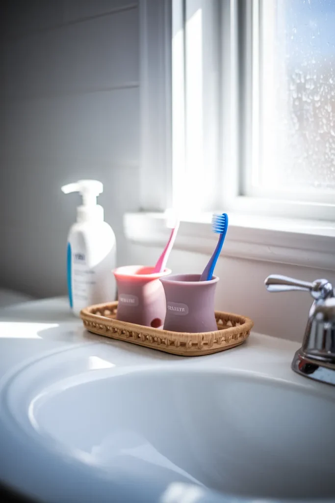 Toothbrush and cup station on a kids bathroom counter with labeled cups
