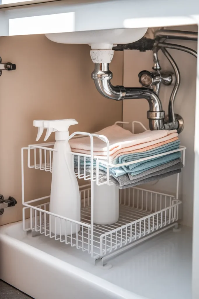 Two tier sliding under sink organizer pulled out around the kitchen plumbing