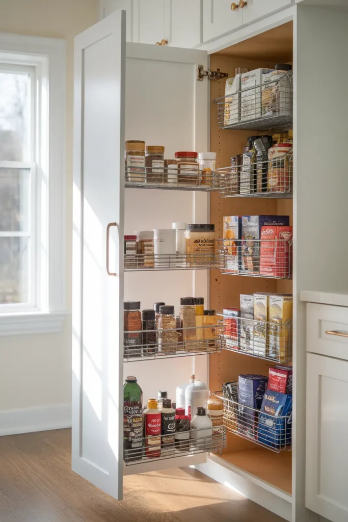 UTRUSTA pull-out for deep IKEA pantry organization in a tall cabinet