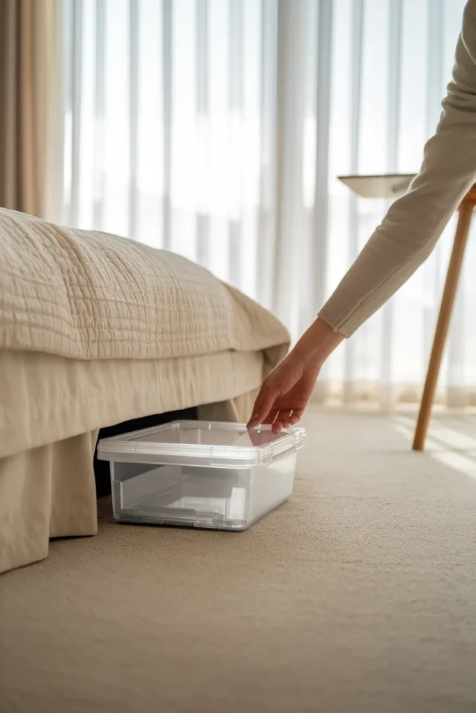 Under-bed storage bin for deep storage near a small bedroom office