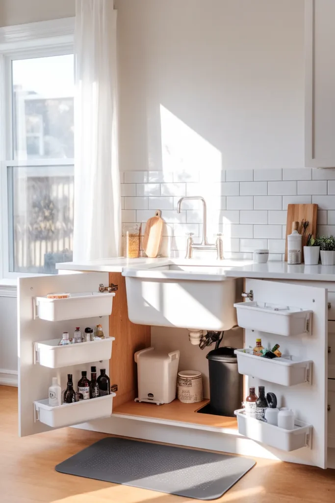Under kitchen sink organization with two tier sliding organizers and labeled door bins around the disposal