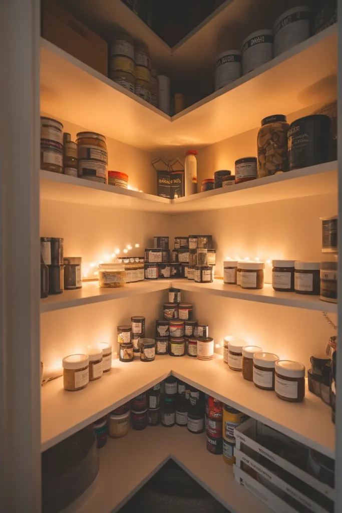 Under-shelf puck lights brightening a dark deep corner pantry
