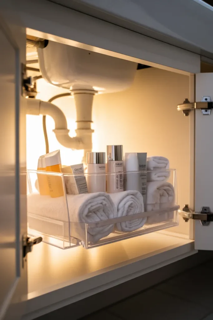 Under sink bathroom skincare storage using clear pull out bins for backups
