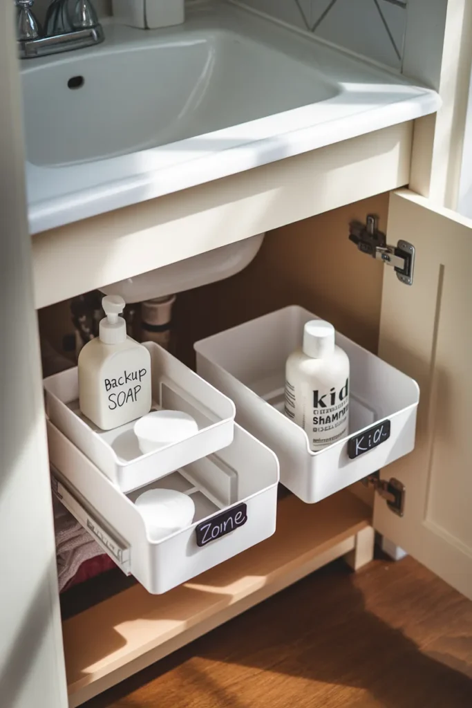 Under-sink kids bathroom organization with pull-out bins sorted by zone