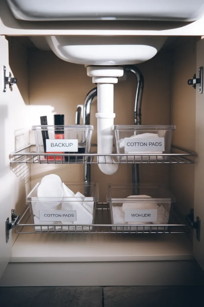 Under the bathroom sink makeup storage on tiered shelves around the pipes
