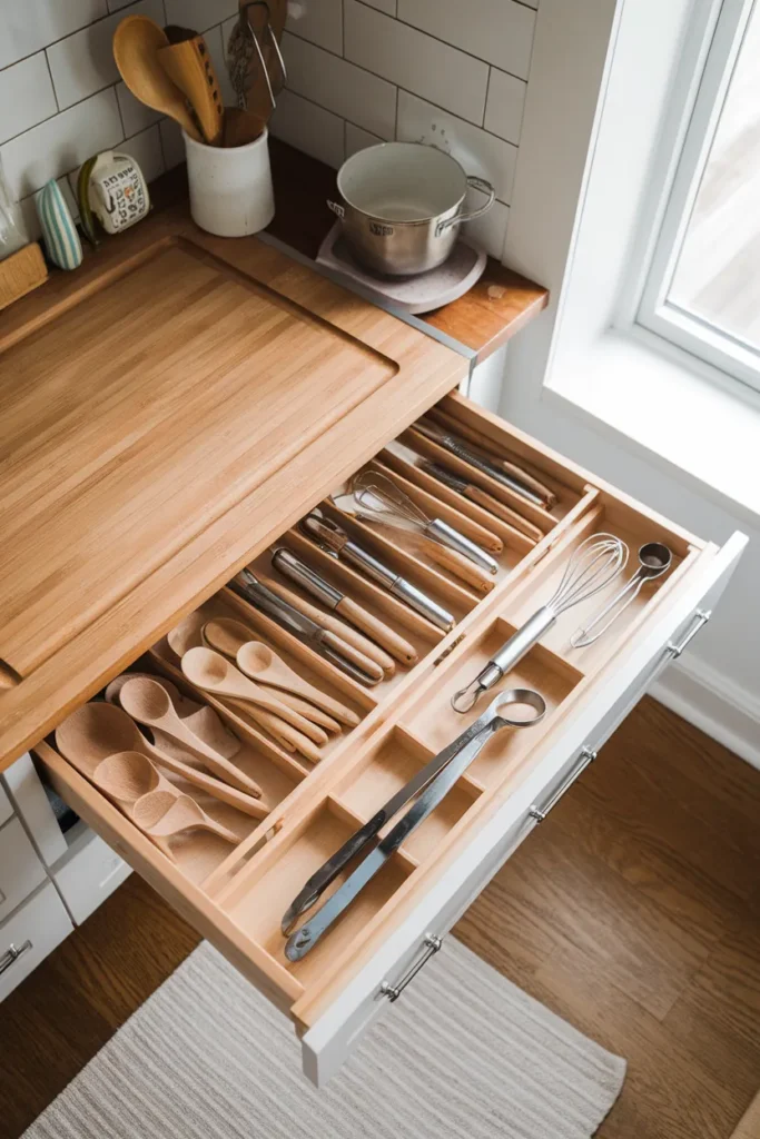 Utensil drawer organization with a bamboo adjustable tray giving each tool type its own slot