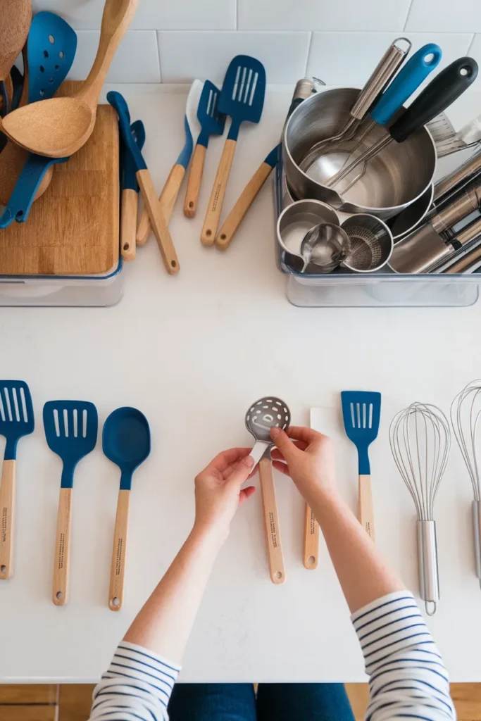 Utensil organization audit with every kitchen tool sorted into groups on a counter, shot from above