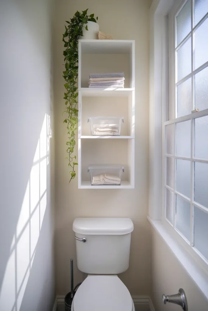 Vertical shelves above the toilet for small bathroom shelf organization