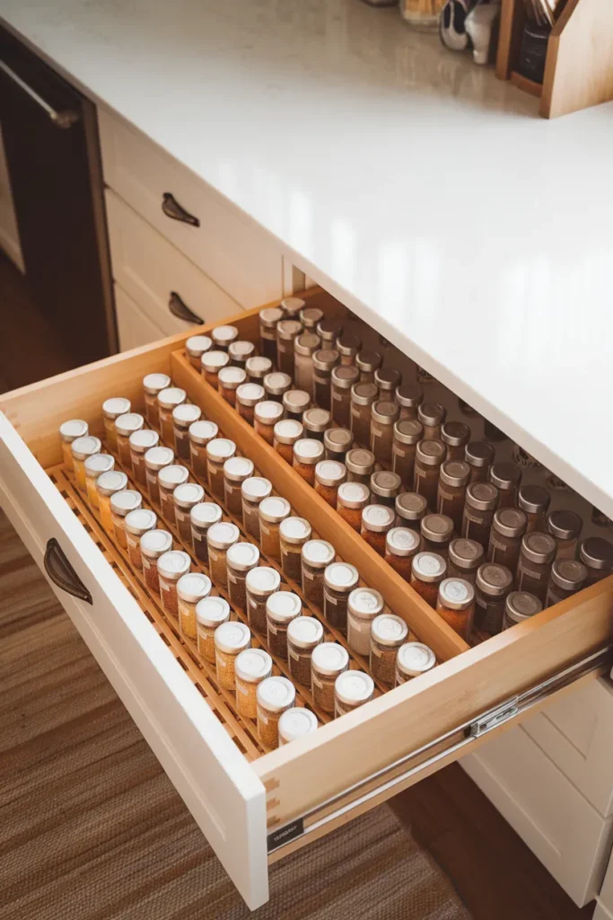 Vertical tiered spice drawer organizer holding uniform jars in stadium rows