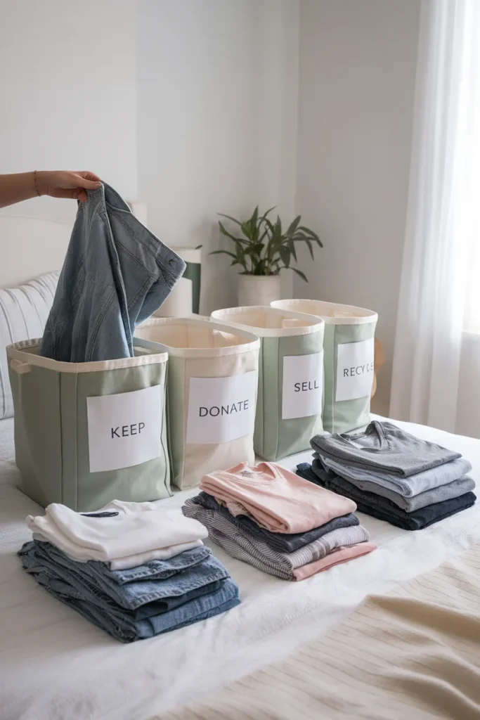 Walk in closet organization begins with sorting clothes into keep and donate totes on a bed