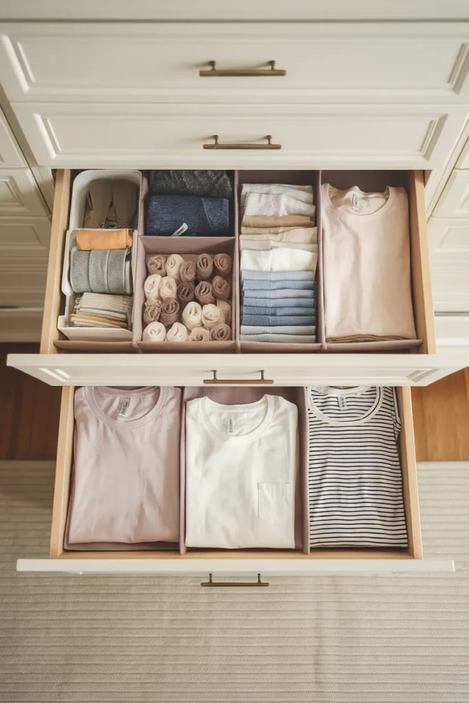Walk in closet organization drawer with dividers and file folded tees photographed from above