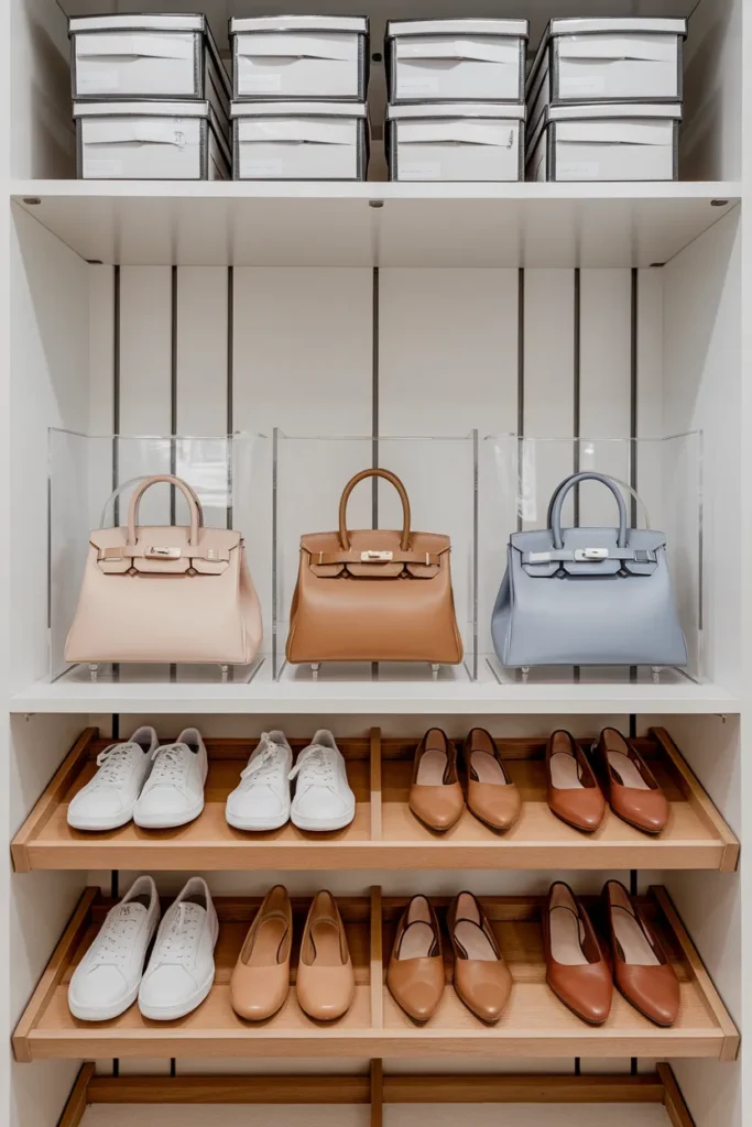 Walk in closet organization for shoes and purses with angled shelves and acrylic dividers