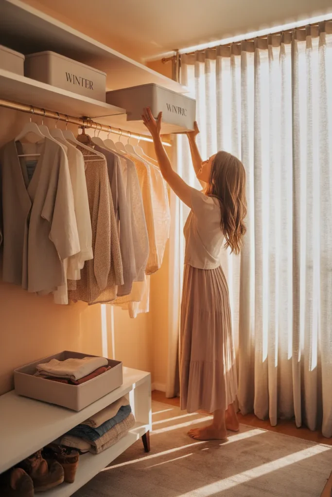 Walk in closet organization seasonal swap lifting a labeled winter bin to the top shelf
