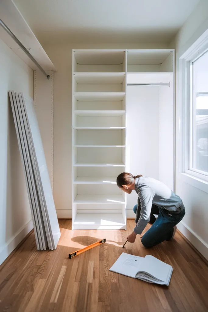 Walk in closet organization system install with white modular shelving mid assembly