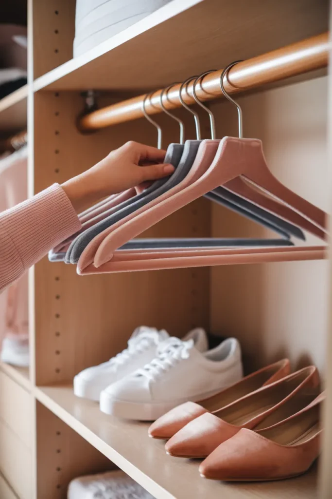 Walk in closet organization with slim velvet hangers gliding on a wood rod above a shoe shelf