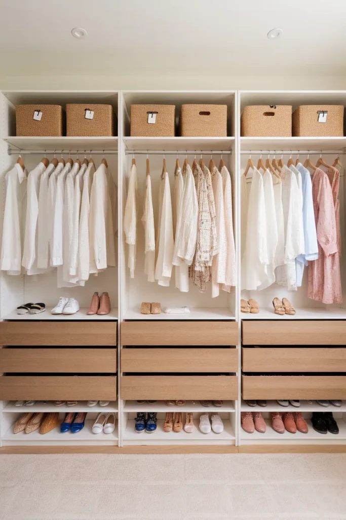 Walk in closet organization zones shown as three labeled storage bands on bright closet shelves