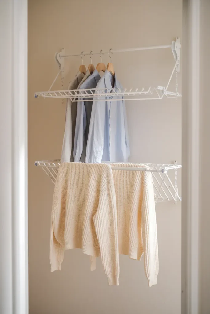 Wall-mounted fold-down drying rack and hanging rod in a small laundry room storage setup
