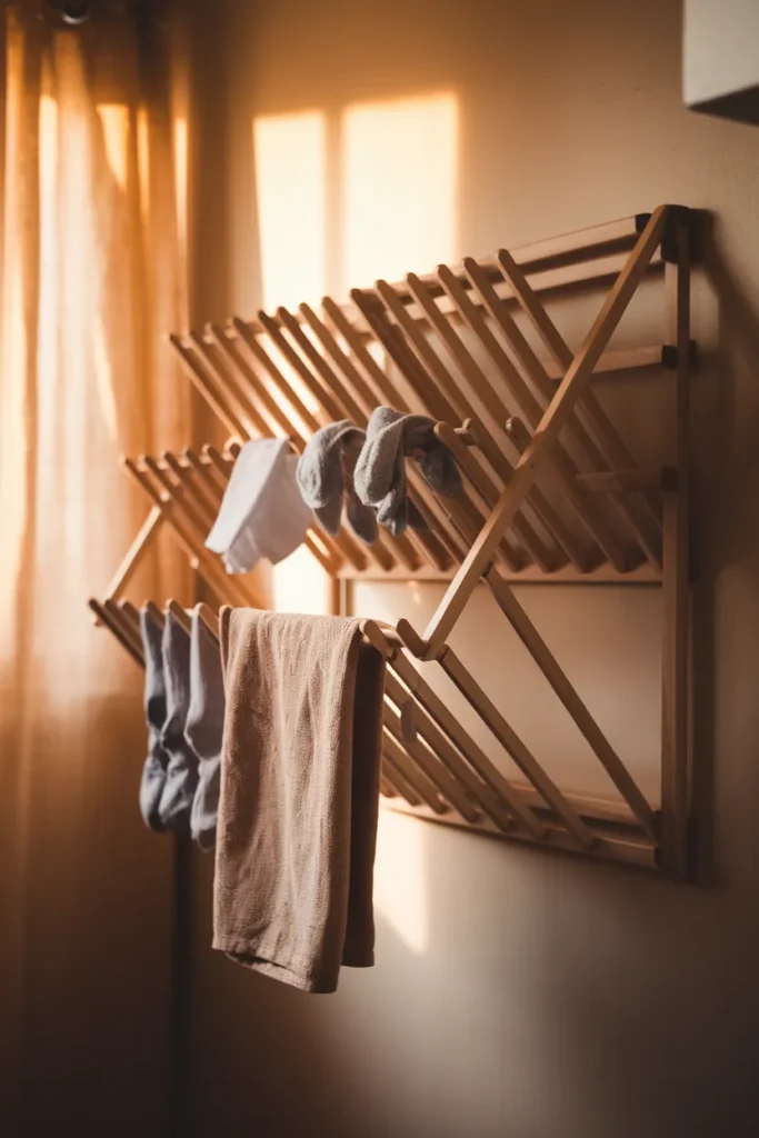 Wall-mounted wood drying rack folded open in a small laundry room