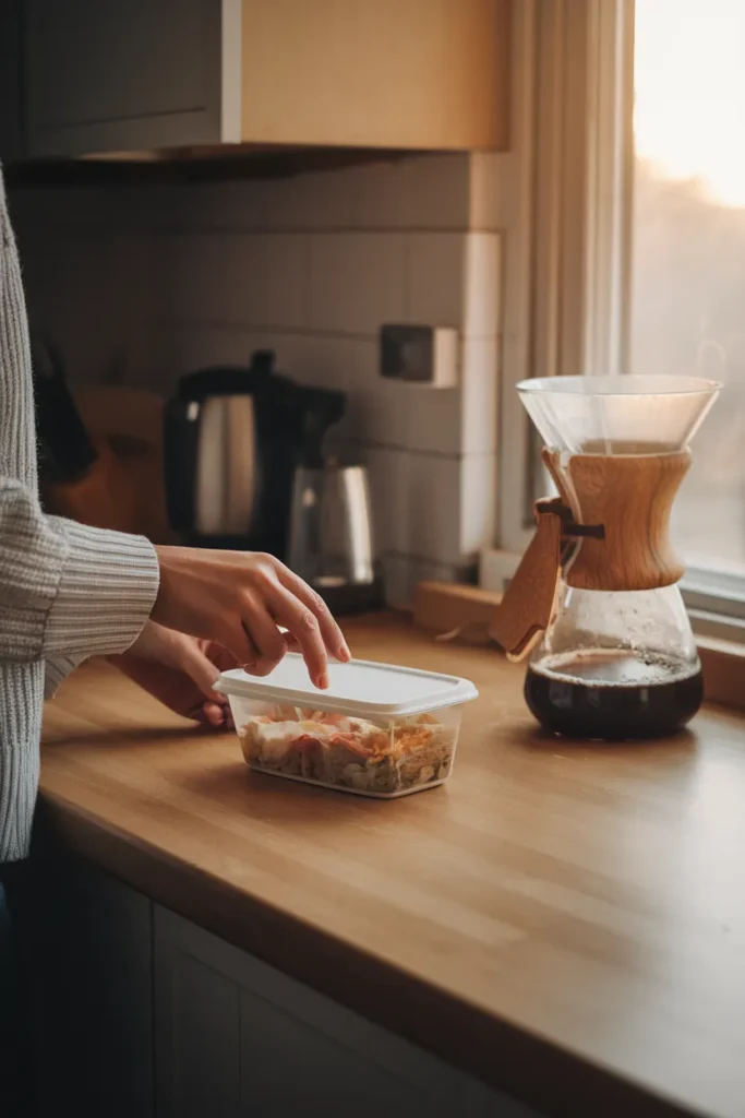 Weekly five-minute food container reset matching lids to containers in the kitchen