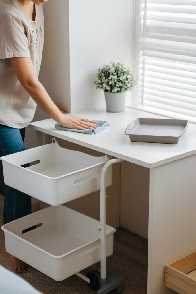 Weekly reset wiping down a small bedroom office corner desk