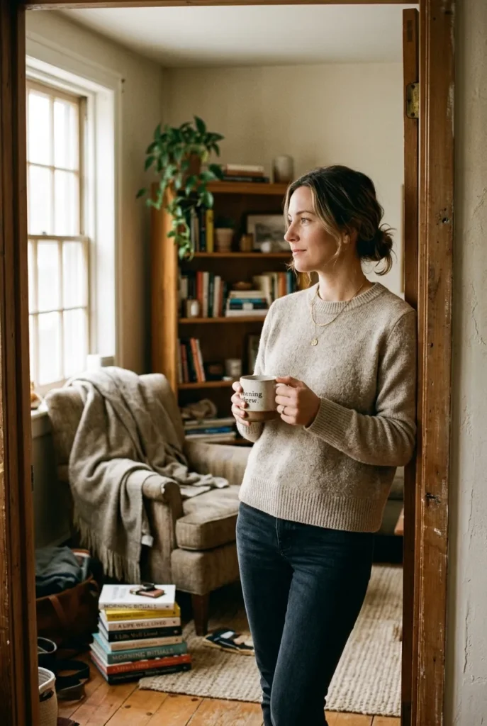 Where to start decluttering, a woman calmly surveying a cluttered living room in morning light