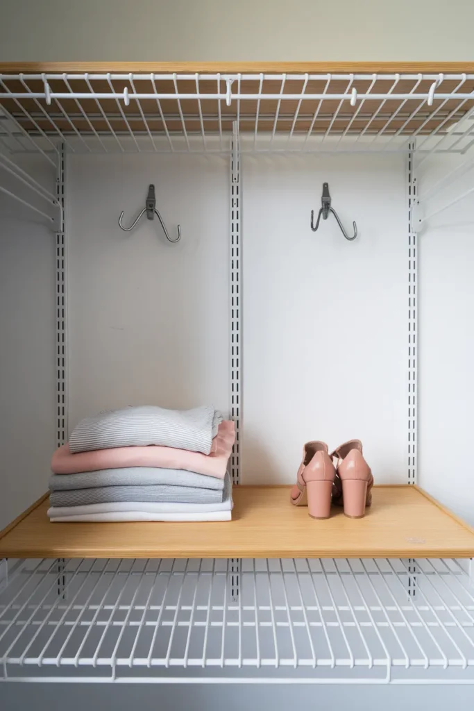 Wire closet shelf organization using a bamboo liner and hook-over shelf dividers