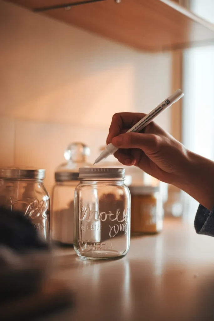 Writing the open date on a spice jar to track freshness and shelf life