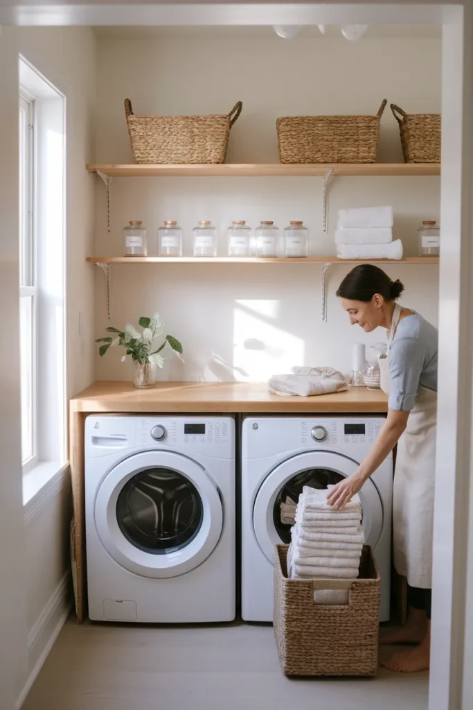 Bright organized laundry room with open shelving and folded towels in a functional small-space layout