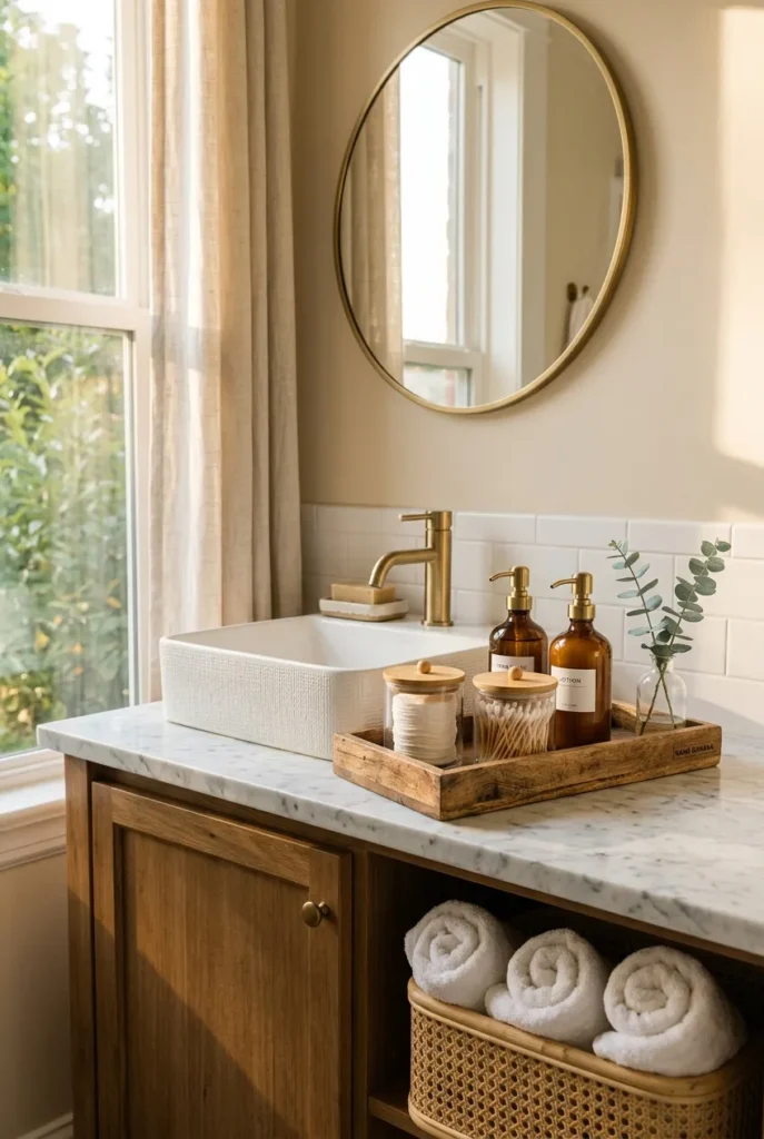 Aesthetic Bathroom Organization on a budget with clear jars, tray, and rolled towels