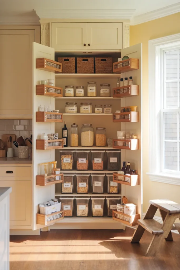 Pantry cabinet organization with labeled bins and glass jars styled on bright cabinet shelves