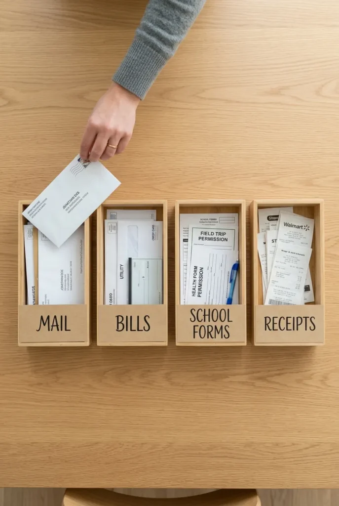 Four labeled trays sorting incoming paper clutter by type